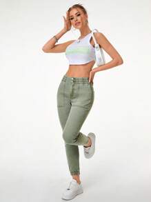 SHEIN Essnce 素色緊身牛仔褲 - 綠色 - 查看 2