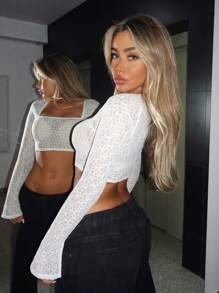 SHEIN ICON Top crop transparent cu mânecă cu volan cu gât pătrat, fără sutien