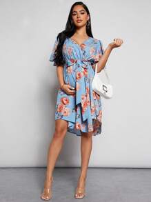 SHEIN 孕婦印花蝴蝶袖繫腰帶連衣裙 - 彩色 - 查看 5