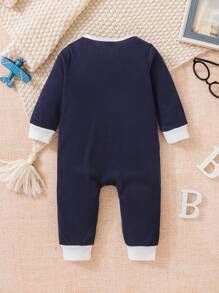 Baby Girl Contrast Binding Button Front Jumpsuit - Navy Blue - View 2
