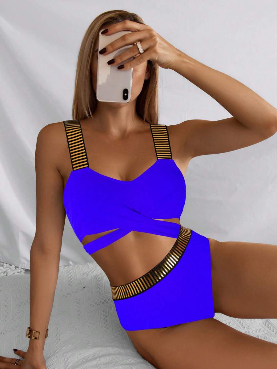 Tie Back High Waisted Bikini Set For Summer Beach - Royal Blue - View 1