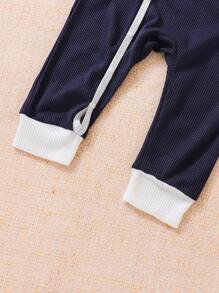 Baby Girl Contrast Binding Button Front Jumpsuit - Navy Blue - View 5