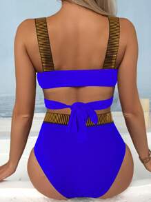 Tie Back High Waisted Bikini Set For Summer Beach - Royal Blue - View 2