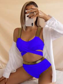 Tie Back High Waisted Bikini Set For Summer Beach - Royal Blue - View 3