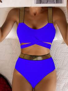 Tie Back High Waisted Bikini Set For Summer Beach - Royal Blue - View 4