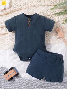SHEIN 男婴条纹纯色短袖连体衣和短裤套装