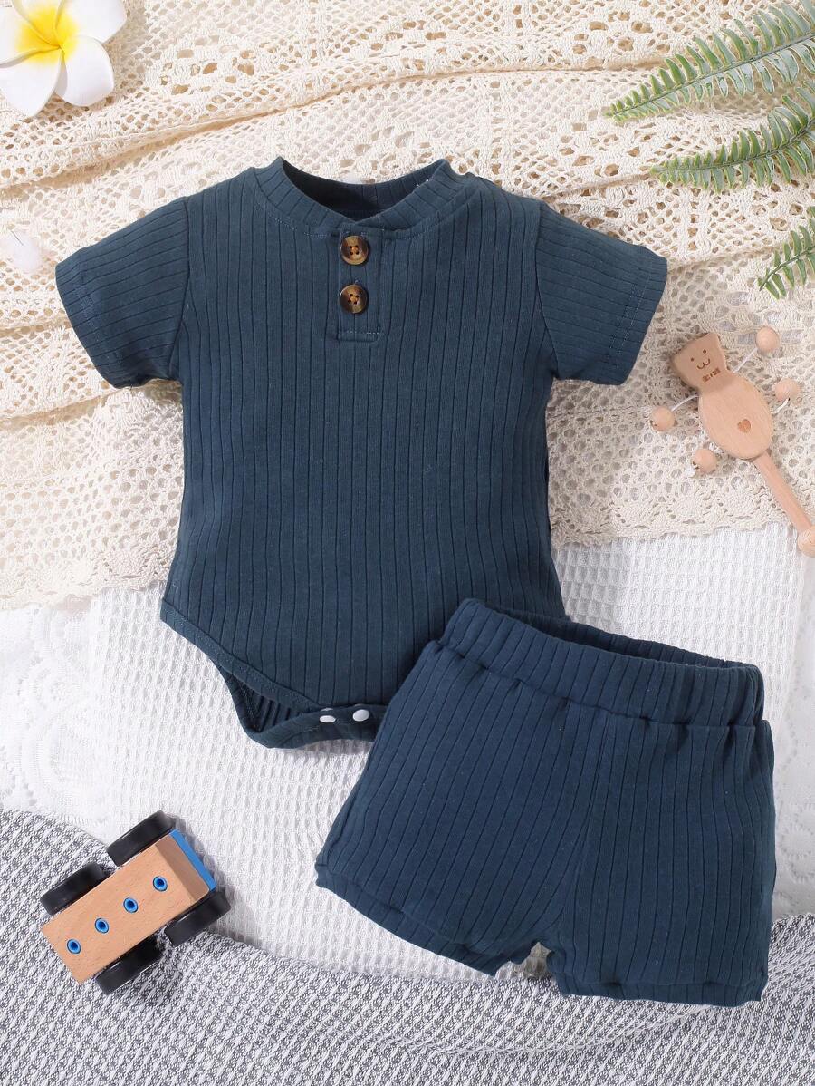 SHEIN 男婴条纹纯色短袖连体衣和短裤套装