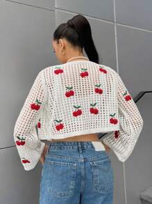 SHEIN EZwear 櫻桃圖案網眼針織短款開衫 - 白色 - 查看 2