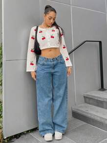 SHEIN EZwear 櫻桃圖案網眼針織短款開衫 - 白色 - 查看 5