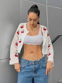 SHEIN EZwear 櫻桃圖案網眼針織短款開衫 - 白色 - 查看 3