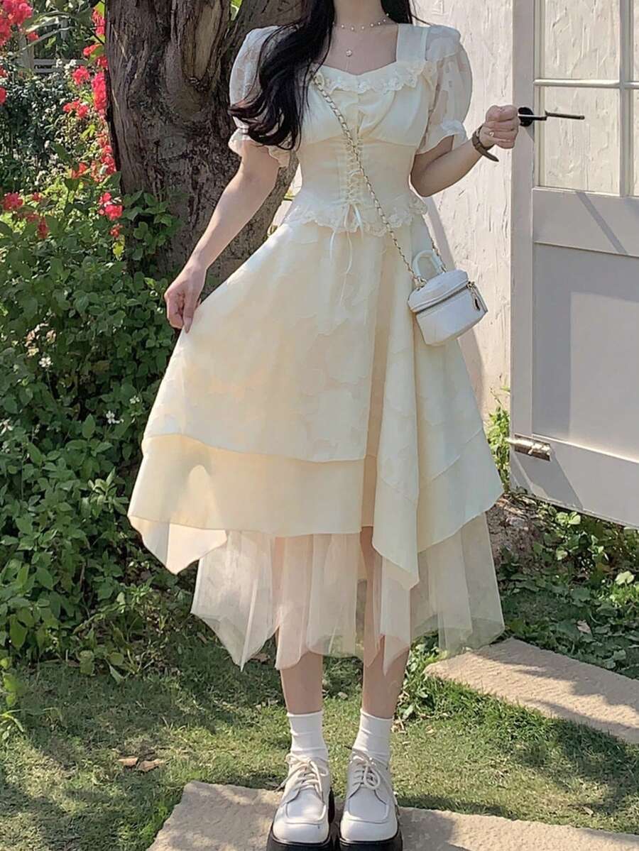 撞色网纱泡泡袖连衣裙，休闲夏季优雅款 - 杏色 - 查看 1