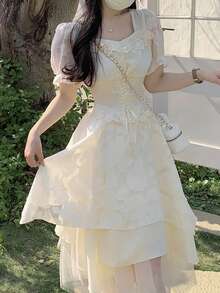 撞色网纱泡泡袖连衣裙，休闲夏季优雅款 - 杏色 - 查看 3