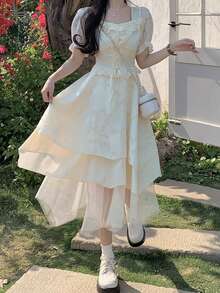 撞色网纱泡泡袖连衣裙，休闲夏季优雅款 - 杏色 - 查看 4