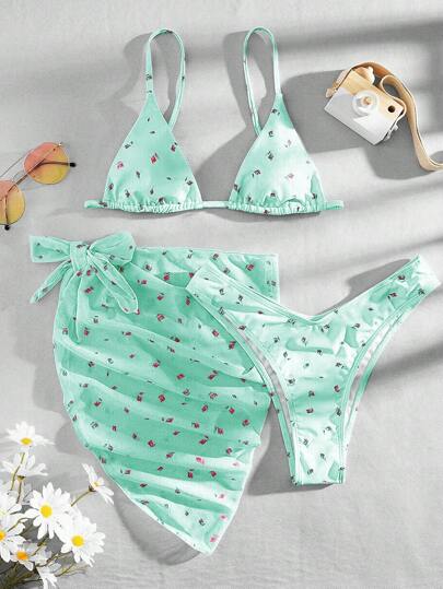 花卉圖案三角杯比基尼泳裝附沙灘裙