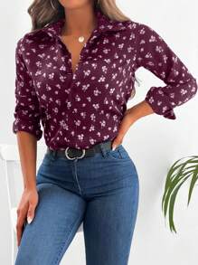 EURMUSE 碎花前紐扣襯衫 - 紫紅色 - 查看 1