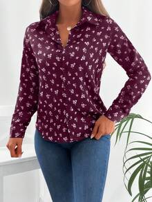 EURMUSE 碎花前紐扣襯衫 - 紫紅色 - 查看 3