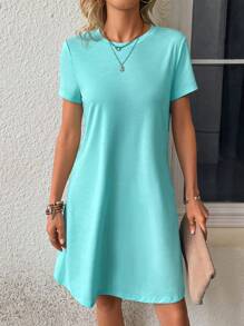 SHEIN LUNE Solid Tee Dress - Mint Blue - View 4