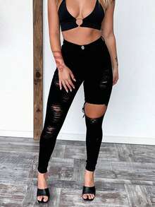 素色破洞緊身牛仔褲 - 黑色 - 查看 4