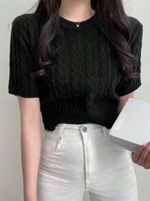 素色麻花編織上衣 - 黑色 - 查看 1