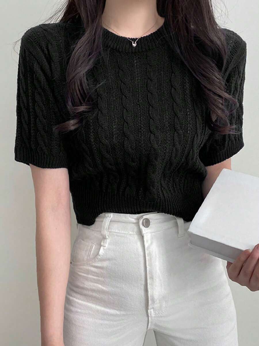 素色麻花編織上衣 - 黑色 - 查看 1