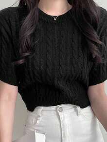 素色麻花編織上衣 - 黑色 - 查看 4