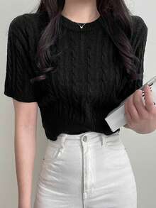 素色麻花編織上衣 - 黑色 - 查看 6