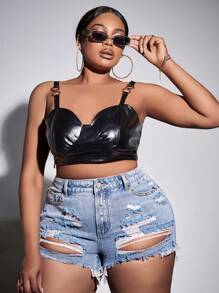 SHEIN SXY Plus Ripped Raw Hem Denim Shorts - Light Wash - View 4