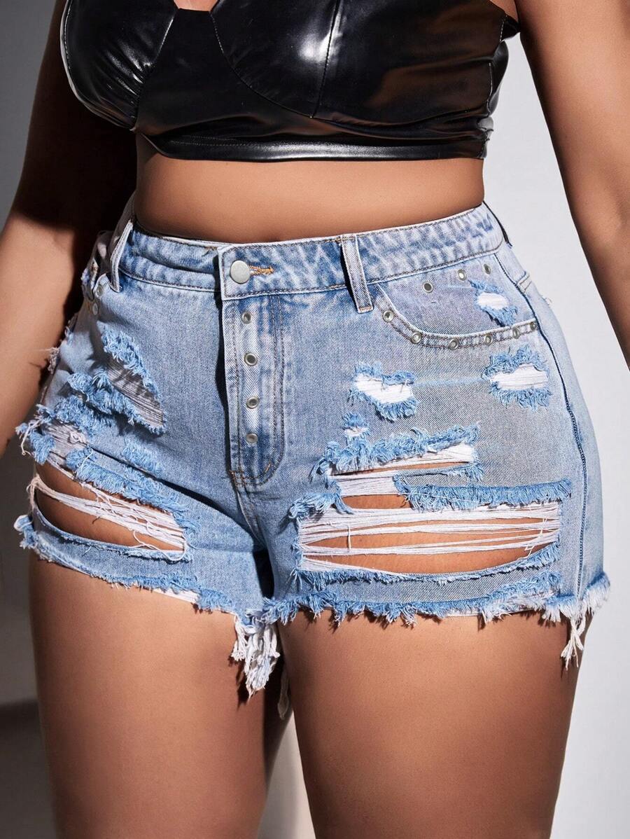 SHEIN SXY Plus Ripped Raw Hem Denim Shorts - Light Wash - View 1