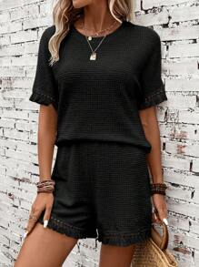 SHEIN LUNE Viền rìa tay cánh Áo thun & quần đùi - màu đen - Xem 1