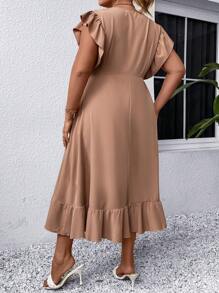 SHEIN Franclia Đầm Plus Size Xù Viên lá sen Trọn gói màu trơn Giải trí - Màu Khaki - Xem 3