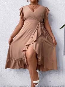 SHEIN Franclia Đầm Plus Size Xù Viên lá sen Trọn gói màu trơn Giải trí - Màu Khaki - Xem 4