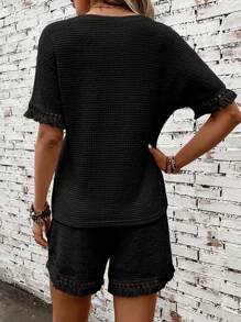 SHEIN LUNE Viền rìa tay cánh Áo thun & quần đùi - màu đen - Xem 2