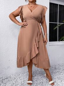 SHEIN Franclia Đầm Plus Size Xù Viên lá sen Trọn gói màu trơn Giải trí - Màu Khaki - Xem 1