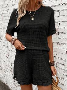 SHEIN LUNE Viền rìa tay cánh Áo thun & quần đùi - màu đen - Xem 3