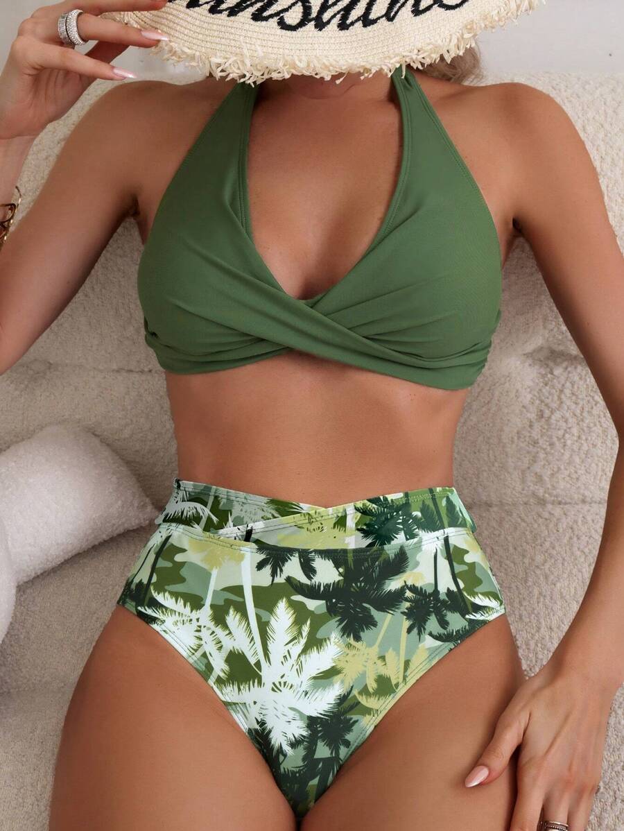 SHEIN Swim 熱帶圖案扭結掛脖比基尼泳裝 - 綠色 - 查看 1