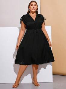 SHEIN Clasi Vestido de hombro con cordón con botón delantero - Negro - Ver 3