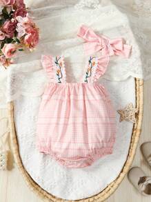 SHEIN 女嬰格紋印花花卉刺繡荷葉邊連體衣和頭巾