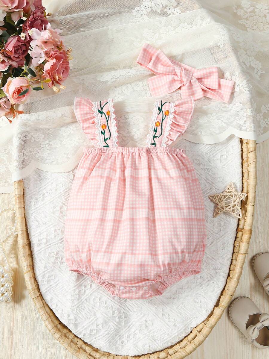 SHEIN 女嬰格紋印花花卉刺繡荷葉邊連體衣和頭巾