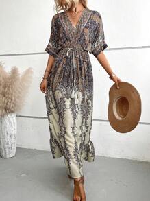 EMERY ROSE Paisley Print Batwing Sleeve Belted Dress Maxi Women Outfit - Multicolor - View 1