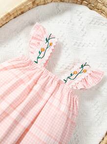 SHEIN 女嬰格紋印花花卉刺繡荷葉邊連體衣和頭巾