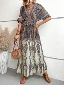 EMERY ROSE Paisley Print Batwing Sleeve Belted Dress Maxi Women Outfit - Multicolor - View 4
