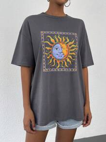 RueChic Camiseta de hombros caídos con estampado de sol y luna