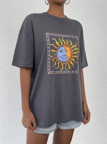 RueChic Camiseta de hombros caídos con estampado de sol y luna