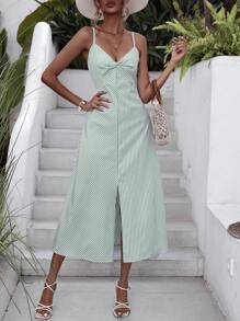 GENKIRA Đầm xoắn lại Dây kéo Tách cao Sọc Giải trí - Màu xanh Bạc hà - Xem 5