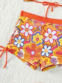 SHEIN Floral Print Drawstring Side Bikini Set For Summer Beach - Orange - View 4