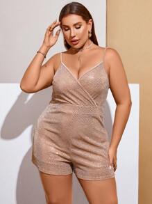 SHEIN LUNE 大碼交疊領亮片吊帶連體短褲 - 杏色 - 查看 3