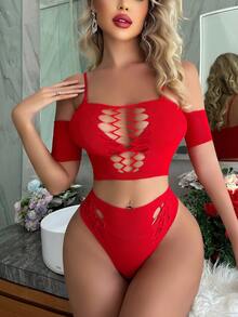 Classic Sexy 鏤空漁網拼接內衣套裝 - 紅色 - 查看 3
