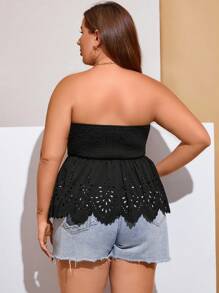 SHEIN Unity 大碼鏤空貝殼邊荷葉邊下擺抹胸上衣 - 黑色 - 查看 3