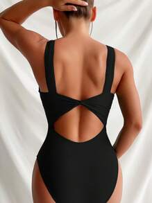 SHEIN Swim Heart Ring Linked Cut Out Front One Piece Swimsuit - Black - View 2