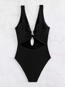 SHEIN Swim Heart Ring Linked Cut Out Front One Piece Swimsuit - Black - View 7